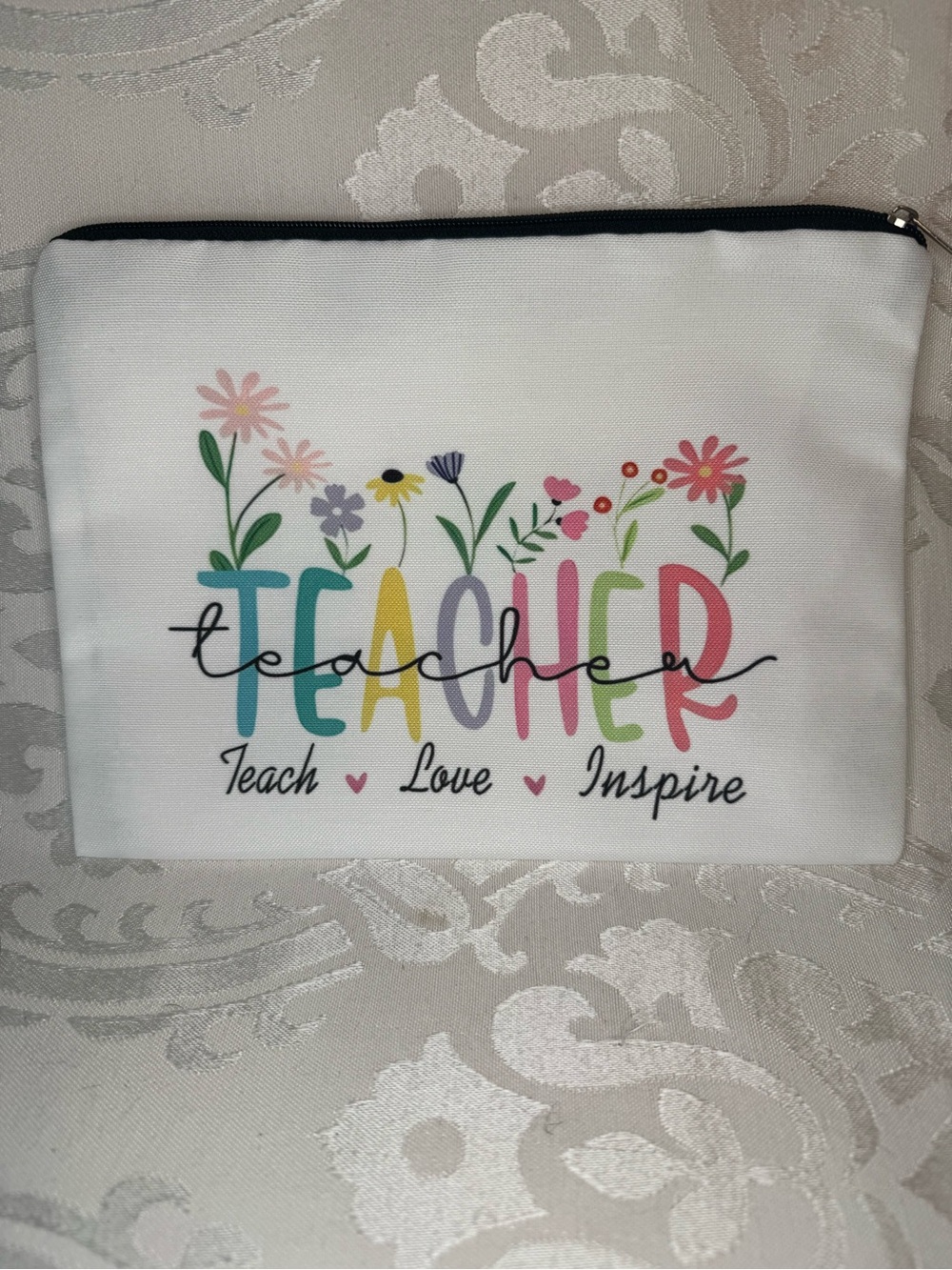 New White Teacher Floral Canvas Lined Pouch